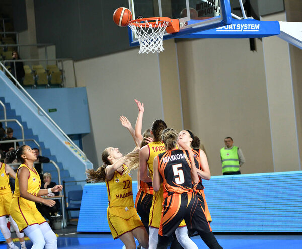 Orenburg, Russia - November 24, 2019: Girls play basketball in the Russian championship match between the basketball clubs "Hope" (Orenburg) and "UMMC" (Ekaterinburg) 