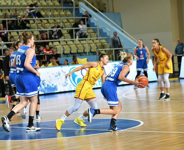 Orenburg, Russia - October 3, 2019: Girls play basketball in the match of the Russian Championship between basketball clubs "Hope" (Orenburg) and "Enisey" (Krasnoyarsk)