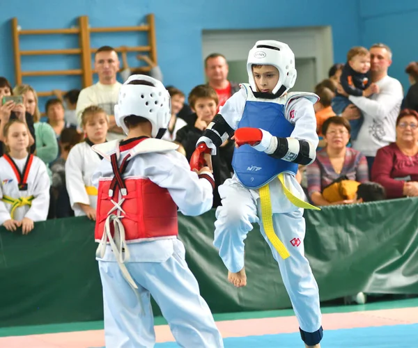 Orenburg Russia October 2019 Boys Compete Taekwondo Korean Martial Arts — Stock Photo, Image