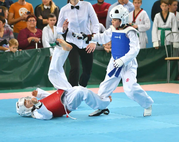 Orenburg Russia October 2019 Boys Compete Taekwondo Korean Martial Arts — Stock Photo, Image