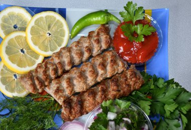 Akdeniz mutfağında taze bitkilerle Lula kebabı.