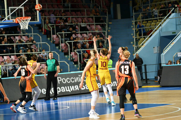 Orenburg, Russia - November 24, 2019: Girls play basketball in the Russian championship match between the basketball clubs "Hope" (Orenburg) and "UMMC" (Ekaterinburg) 