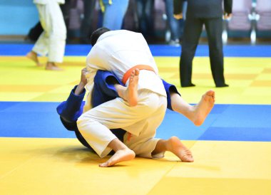 İki kimonolu judoka tatamide yarışıyor. 