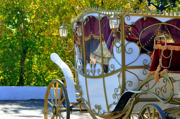 Vintage wedding carriage on the street of the city in the daytime