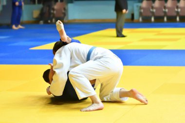 İki kimonolu judoka tatamide yarışıyor. 