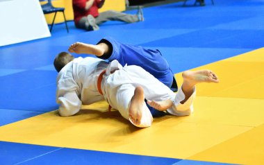 İki kimonolu judoka tatamide yarışıyor. 