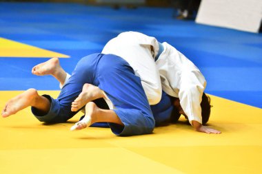İki kimonolu judoka tatamide yarışıyor. 