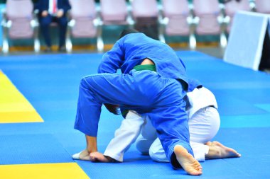 İki kimonolu judoka tatamide yarışıyor. 