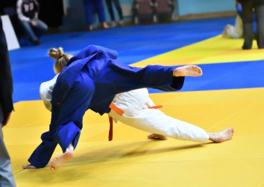  Kimonolu iki kız judoka tatamide yarışıyor. 