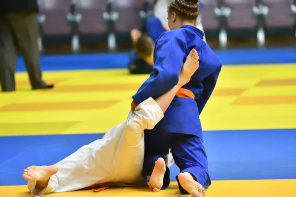 Kimonolu Iki Kız Judoka Tatamide Yarışıyor — Stok fotoğraf