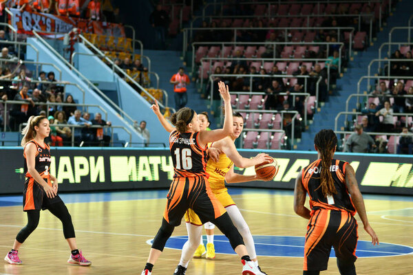 Orenburg, Russia - November 24, 2019: Girls play basketball in the Russian championship match between the basketball clubs "Hope" (Orenburg) and "UMMC" (Ekaterinburg) 