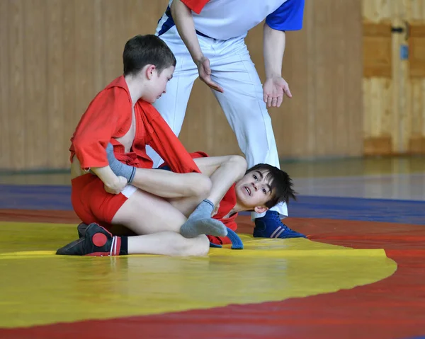 Orenburg Ryssland Februari 2019 Pojktävlingar Självförsvar Utan Vapen Mästerskapsskolan Sport — Stockfoto