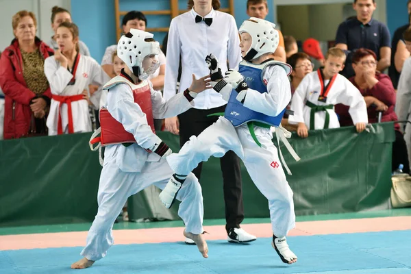 Orenburg Rússia Outubro 2019 Meninos Competem Taekwondo Artes Marciais Coreanas — Fotografia de Stock