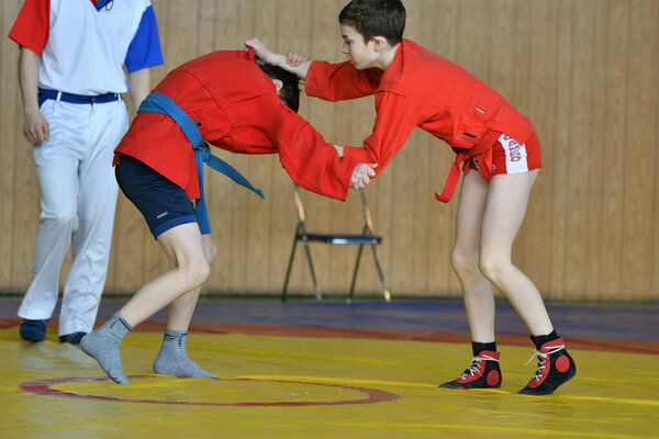 Orenburg Russia - February 23, 2019: Boy competitions Self-defense without weapons on the Championship school sports  1 name L.D. Kovalevsky among young men 2005-2006 years of birth 