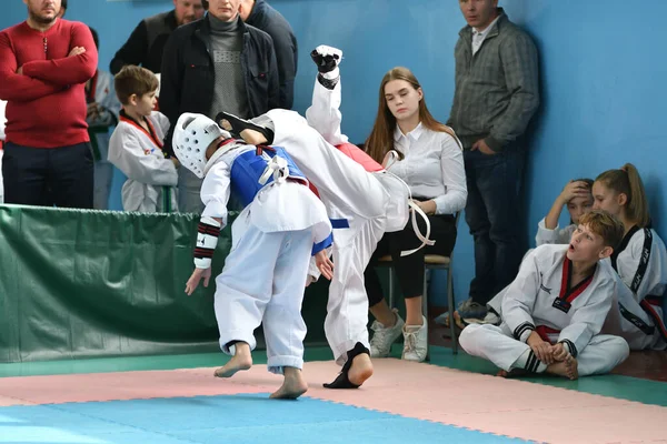 Orenburg Russia October 2019 Boys Compete Taekwondo Korean Martial Arts — Stock Photo, Image