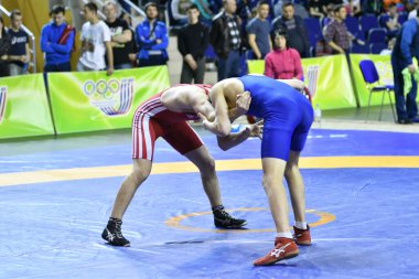 Orenburg, Rusya - 15-16 Mart 2017: Çocuk, Volga Federal Bölge Şampiyonası 'nda spor güreşi dalında mücadele ediyor 