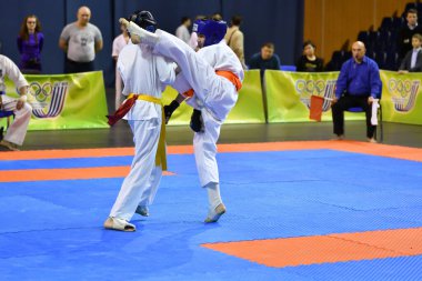 Orenburg, Rusya - 5 Mart 2017: Japon dövüş sanatlarında Orenburg Bölgesi Şampiyonası için karate yarışması