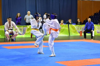 Orenburg, Rusya - 5 Mart 2017: Japon dövüş sanatlarında Orenburg Bölgesi Şampiyonası için karate yarışması