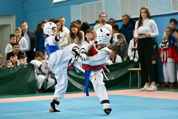 Orenburg Rusia Octubre 2019 Boy Compete Taekwondo Artes Marciales Coreanas — Foto de Stock