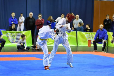 Orenburg, Rusya - 5 Mart 2017: Japon dövüş sanatlarında Orenburg Bölgesi Şampiyonası için karate yarışması