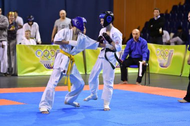 Orenburg, Rusya - 5 Mart 2017: Japon dövüş sanatlarında Orenburg Bölgesi Şampiyonası için karate yarışması