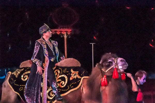 Tamer no circo e seu encantador assistente em atração "O Conto do Oriente " — Fotografia de Stock