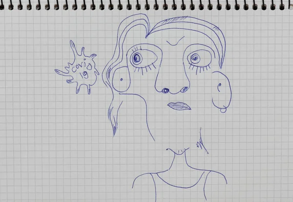 Ilustrație Desen Într Carnețel Hârtie Cecată Fata Speriată Uită Coronavirus — Fotografie, imagine de stoc