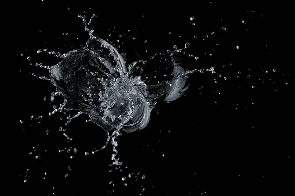 黒い背景の上に隔離された 落下と澄んだ水の液体のスプラッシュ — ストック写真