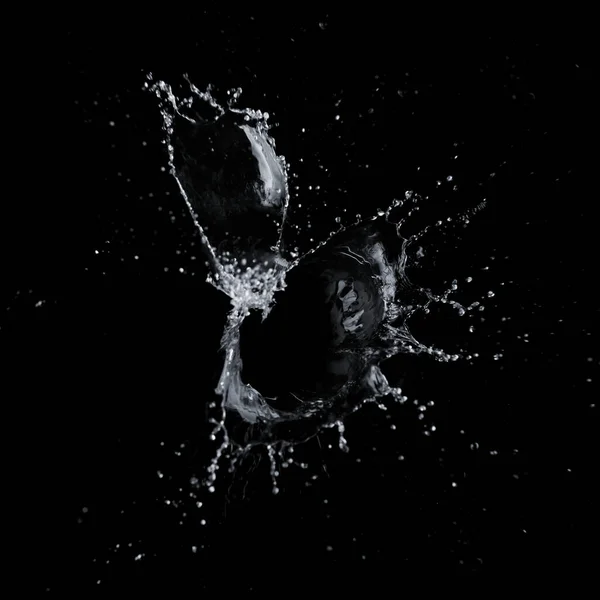 Heldere Water Vloeistof Plons Met Druppels Geïsoleerd Een Zwarte Achtergrond — Stockfoto