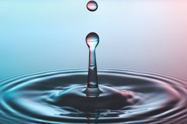 Düşen bir damladan, berrak su yüzeyine sıçrama ve dalgalanma.