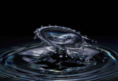 Çarpışma dalgası suya düşen iki damla damlatıyor. Siyah üzerine.