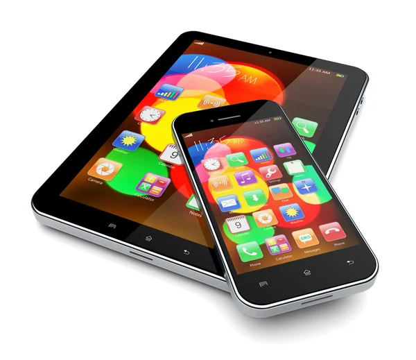 Tablet pc med mobiltelefon — Stockfoto
