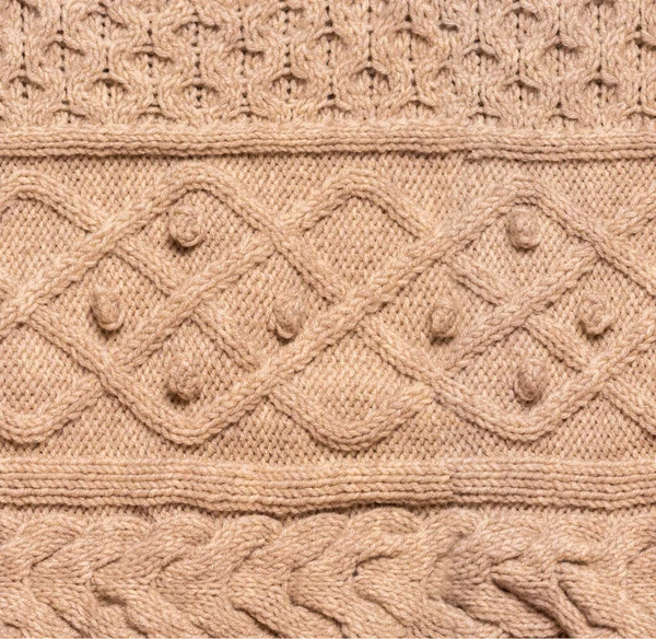 Creative Knitted Cloth Made from Beige Yarn with Traditional Ornaments an Details For Christmas Sweaters. Фон или шаблон обоев с копированием пространства — стоковое фото