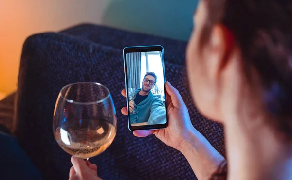 Woman Calling From Home Her Friend By Video Chat And Drinking Wine. Online Date, Online Meeting. Stay Home. Social Distance and Isolation — Foto de Stock