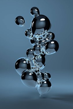 Mavi Arkaplanda Şeffaf Balonlar. Sudaki Hava Kabarcıkları. Nem, Rehidrat. Hyaluron Molekülleri. 3d oluşturma