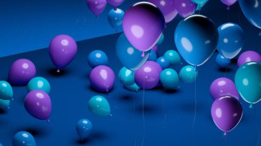 Mavi Arkaplanda bir demet Mor ve Mavi Balonlar. Boşluk. Uzayı kopyala 3d oluşturma