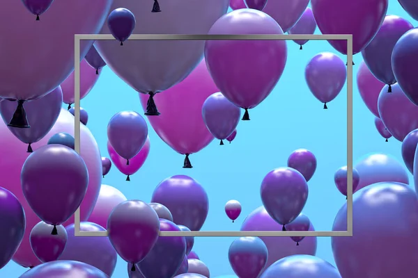 Des ballons violets et roses dans le ciel avec cadre et espace vide. Espace de copie. Rendu 3d — Photo