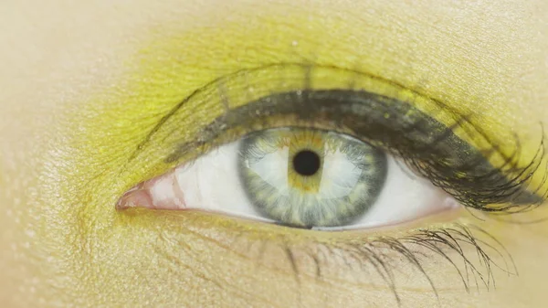 Jedno ženské oko s rozepnutým make-upem, mrkněte, dívejte se přímo a do strany. Detailní záběr — Stock fotografie