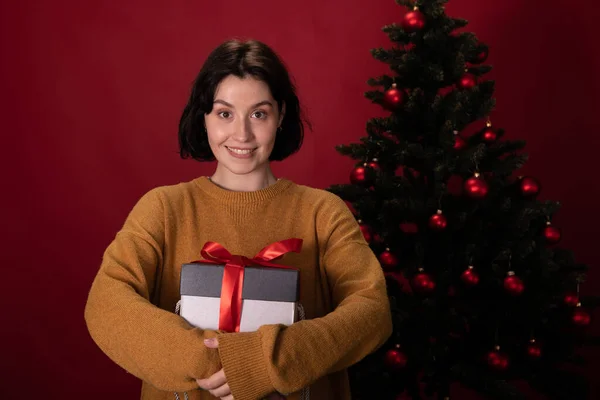 Hymyilevä pukeutunut rennosti brunette Tyttö hyväksyi lahjapakkauksen joululahjalla — kuvapankkivalokuva