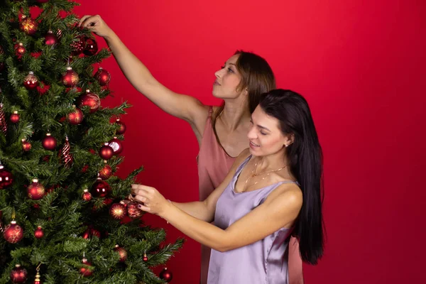 Hermosa pareja homosexual femenina decorando árbol de Navidad juntos, Nochebuena — Foto de Stock