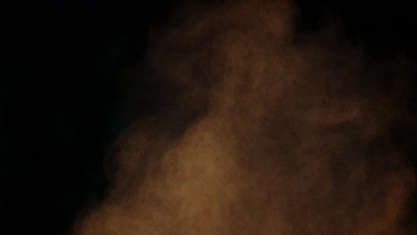 Zbliżenie latający pył na czarnym tle, chmura brązowego zawieszenia w powolnym mo — Wideo stockowe