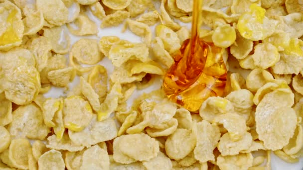 Detailní přírodní med nalévání do kukuřičných vloček s mlékem ve zpomaleném filmu, cukr — Stock video