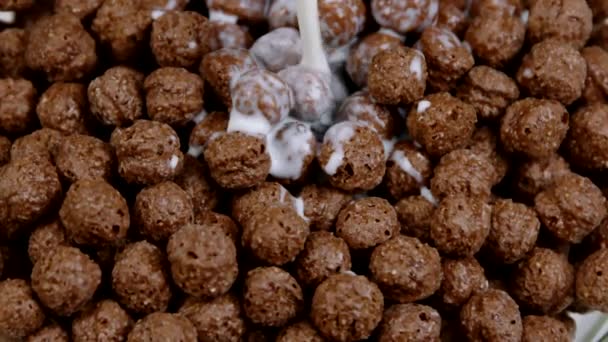 Primer plano de la leche vertiendo en bolas de maíz chocolate en cámara lenta, cereales para el desayuno — Vídeo de stock