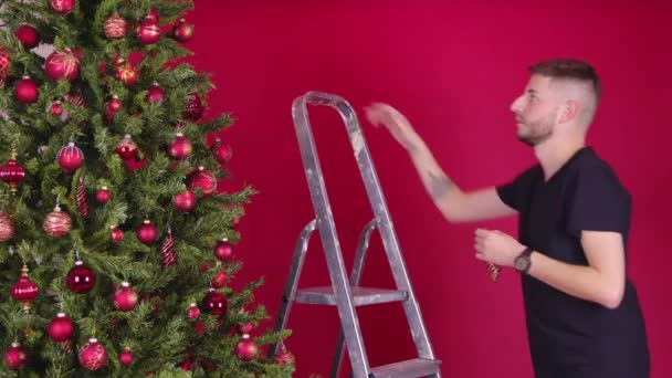 Fiatal meleg pár díszítő karácsonyfa Együtt a létra, LMBT Újév — Stock videók