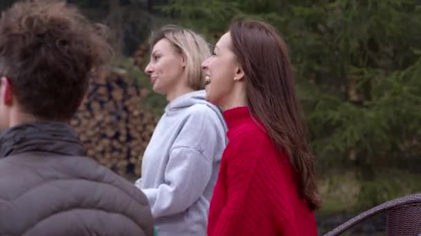 Chicas alegres se divierten jugando con amigos, adivinar palabras al aire libre cocodrilo juego — Vídeo de stock