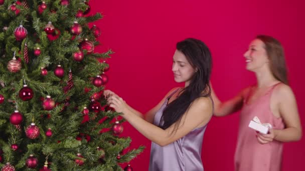 Romantic lesbian girl gives her friend Christmas surprise gift at Christmas tree — Stock Video