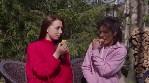 Dos chicas jóvenes atractivas en picnic sabor maíz asado caliente al aire libre. — Vídeos de Stock