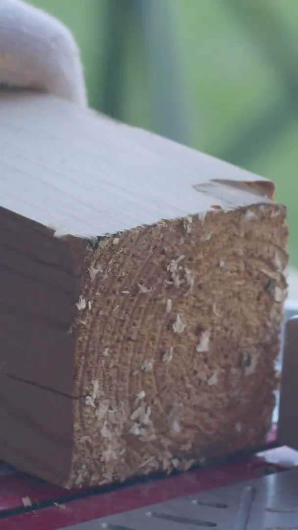 Anneaux de bois annuels verticaux apparaissent tandis que le menuisier coupe le poteau en bois sur la scie à onglet — Video