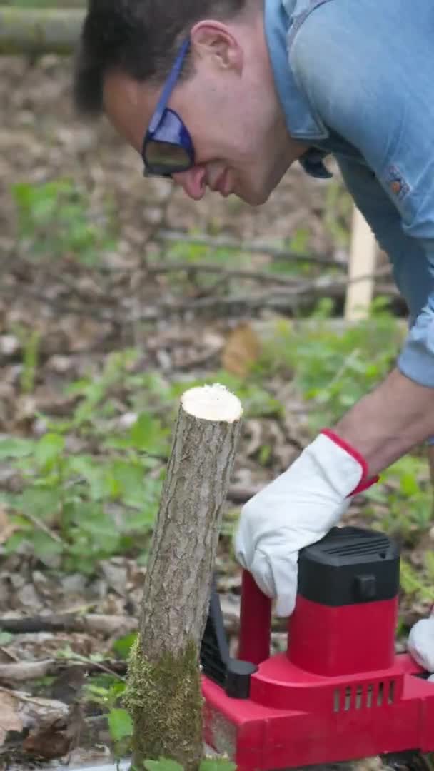 Vertical shot Lumberjack in goggles cuts tree in the forest with an electric saw — Stock Video