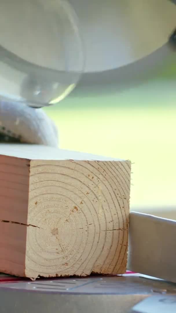 Tembakan vertikal tepat memotong kayu karya di mitre melihat. potongan cutoff jatuh dengan baik — Stok Video